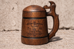 Dębowy kufel z klapką „Because I'm DM” – kufel dla Dungeon Mastera | prezent dla fana Dungeons & Dragons