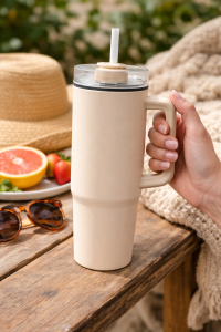 Piękny beżowy kubek termiczny ze słomką 900 ml | prezent dla niej na kawę i napoje 